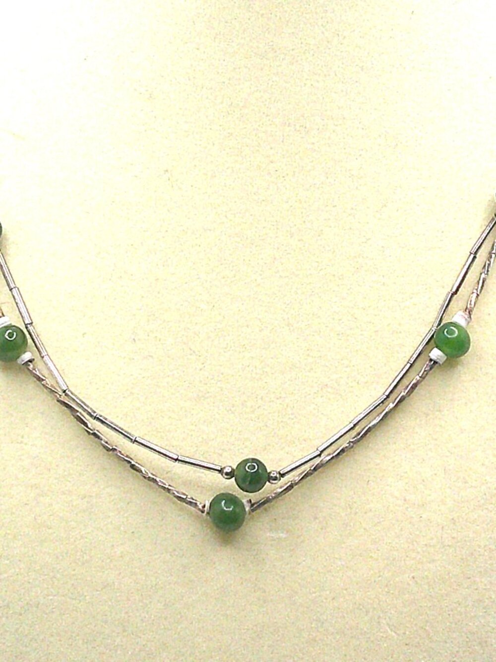 Two Vintage Single Strand Necklaces. Silver With Green Stones